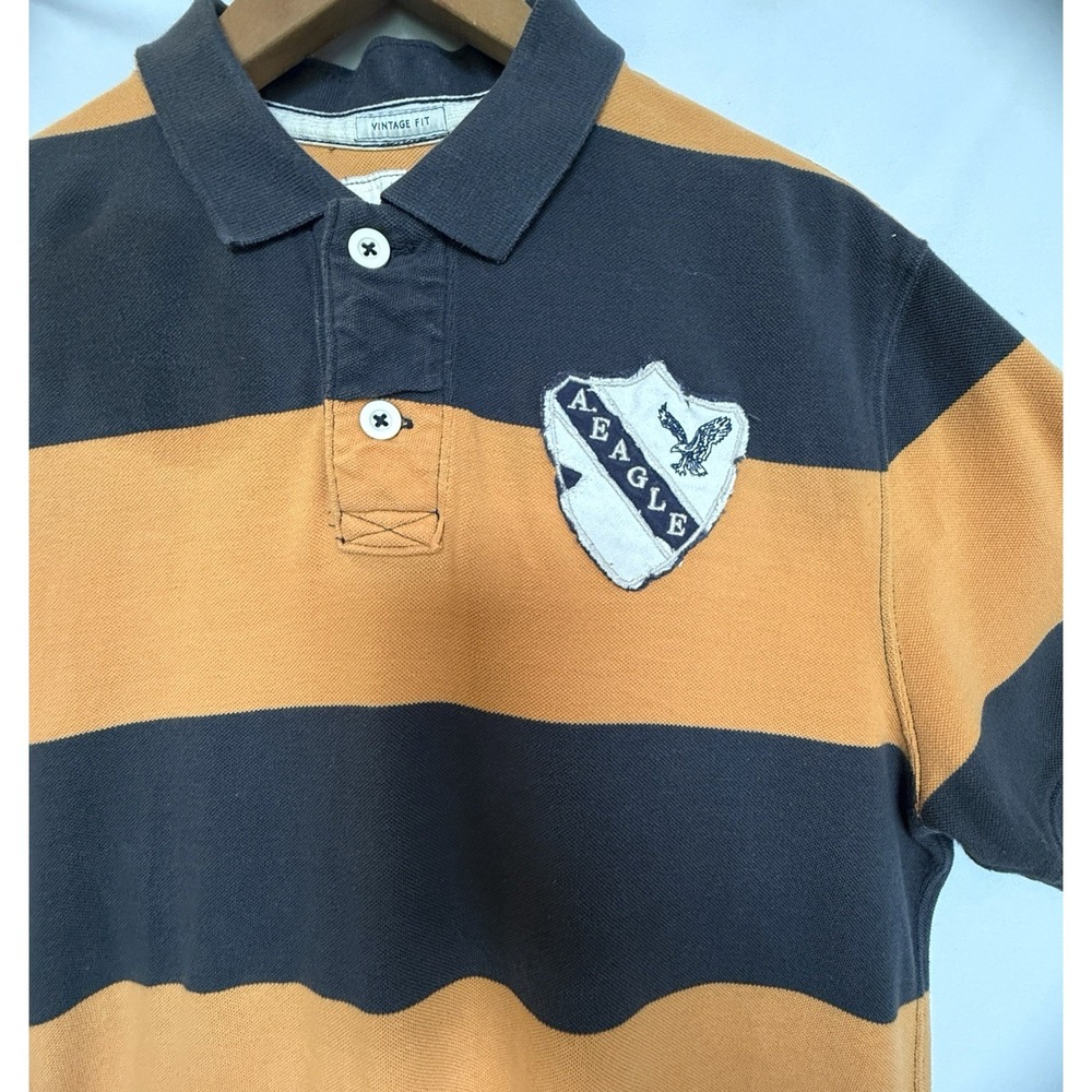 Y2K American Eagle Mens Rugby Striped Polo Shirt Size L Preppy Patch Academia - Picture 5 of 11